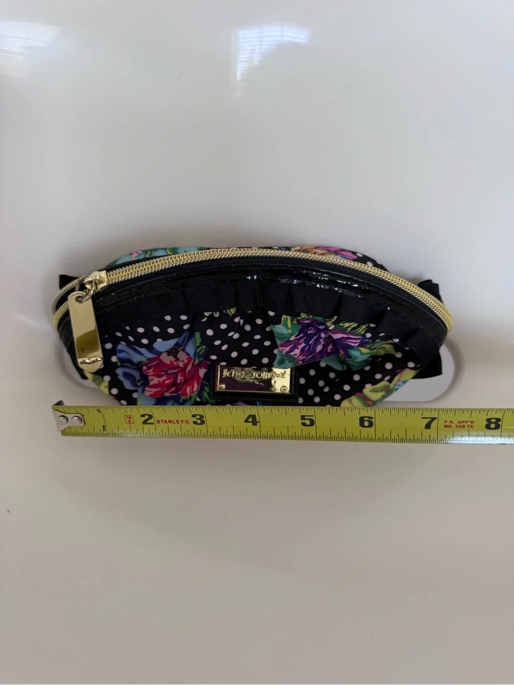 Betsey Johnson Floral Polka Dot Ruffle Cosmetic Makeup Bag Travel Zip Pouch Case